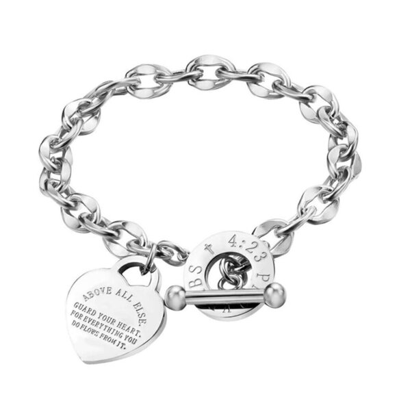 Silver Women's Stainless Steel Classic Heart Engraved Toggle Clasp Bracelet - Picture 3 of 3